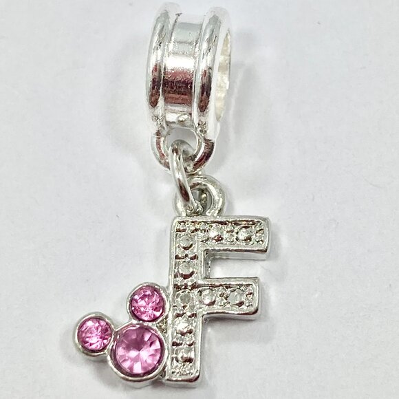 Vtg Disney Pink Crystal Mickey Mouse Ears European Slide Charm Initial Letter F - Picture 2 of 6